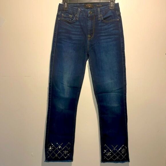 7 For All Mankind- Jen 7 Embellished Hem Straight Crop Jeans Dark Hudson Blue 4 - Picture 2 of 10